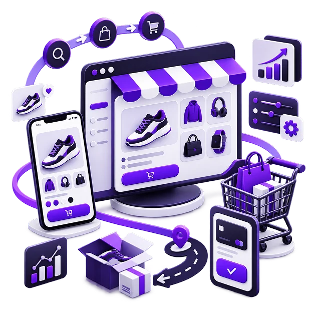 Illustration of a Shopify build: a desktop storefront of trainers, a jacket, headphones and a watch under a striped awning, a phone showing the same product page, a search-to-checkout icon flow, a settings panel, an analytics card, a trolley of shopping bags, a delivery route and an opened parcel.