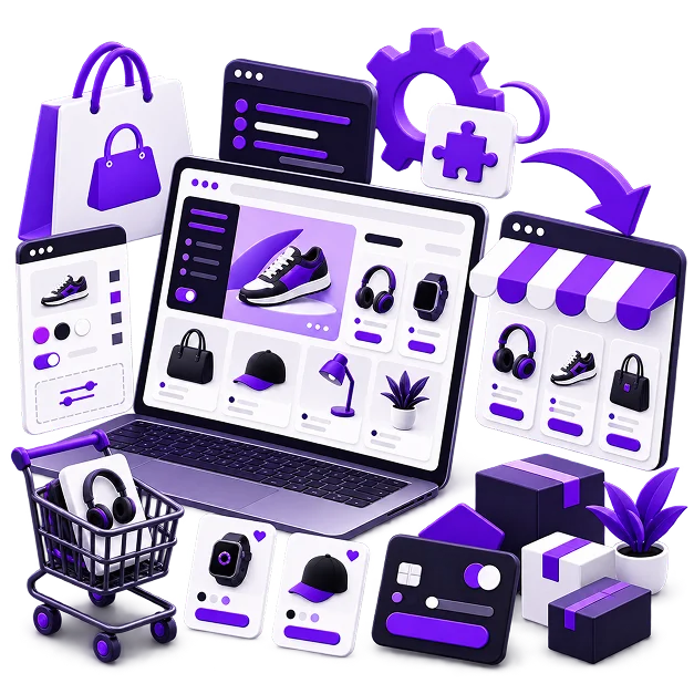 Illustration of a storefront being assembled: a laptop showing a product grid, an editing panel and a theme window with a gear and a puzzle piece above it, a second storefront panel under an awning, product cards for a watch and a cap, a trolley, a payment card and stacked parcels.