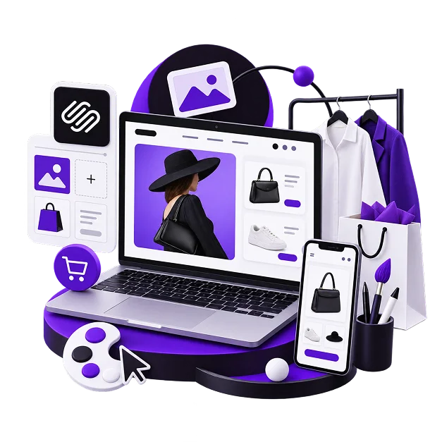 Illustration of a Squarespace build: a laptop showing an editorial product page with a fashion photograph and a product list, beside the Squarespace mark, an image-block panel, a clothing rail, a shopping bag, a phone product page, a colour palette and a cart icon.