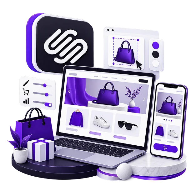 Illustration of a Squarespace storefront: a laptop showing a handbag hero and a product row, a phone with the same product page, the Squarespace mark, an image-editing panel, a style panel, a shopping bag, a gift box and a potted plant on marble plinths.