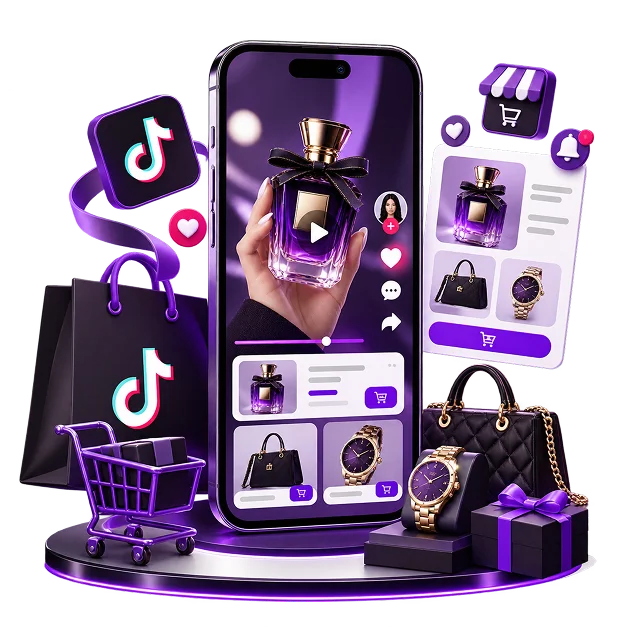 Illustration of TikTok Shop: a phone playing a video of a hand holding a perfume bottle with like, comment and share icons beside it, a product panel showing the perfume, a handbag and a watch, the TikTok mark, a shop badge, a black shopping bag, a trolley and gift boxes.