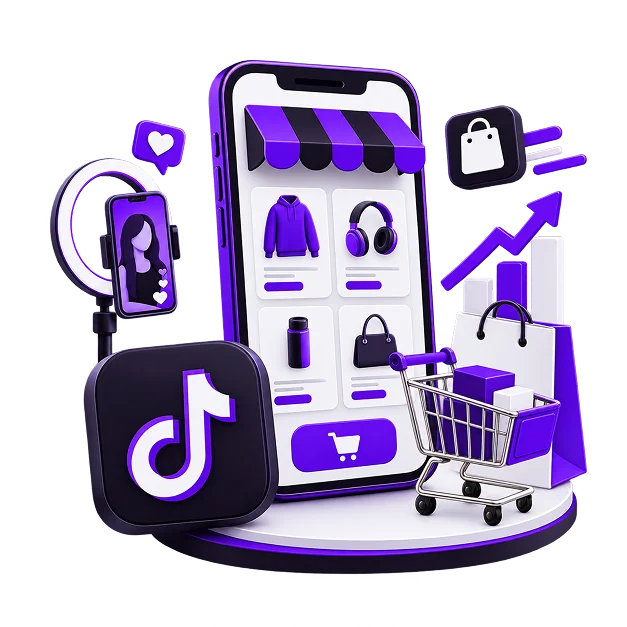 Illustration of selling through TikTok Shop: a phone showing a product grid of a hoodie, headphones, a bottle and a handbag under an awning, a ring light filming a creator, a TikTok app tile, a growth chart, a trolley and shopping bags.