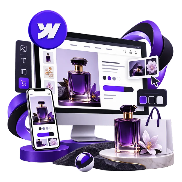 Illustration of a Webflow build: a desktop screen showing a perfume product page with a gallery and colour swatches, the Webflow mark above it, a component panel, a swatch panel, a phone showing the same page, a shopping bag and a perfume bottle on a marble plinth.