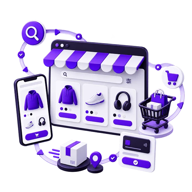 Illustration of a storefront journey: a browser store grid of a hoodie, trainers and headphones under a striped awning, a phone product page, a search icon, a cart icon, a trolley of bags, a parcel, a location pin and a confirmed payment panel, linked in a loop.