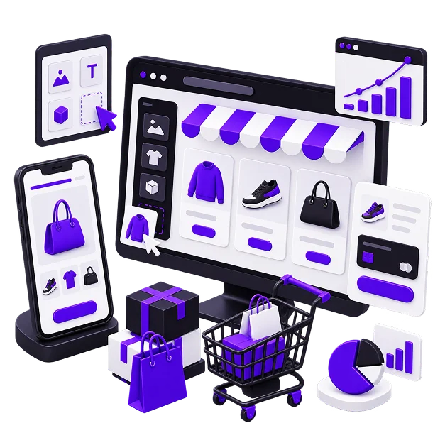 Illustration of a Wix build: a desktop storefront grid of clothing and accessories under a striped awning with a drag-and-drop editor panel and element library beside it, an analytics window, a phone product page, a payment panel, gift boxes, a trolley of bags and a pie chart.