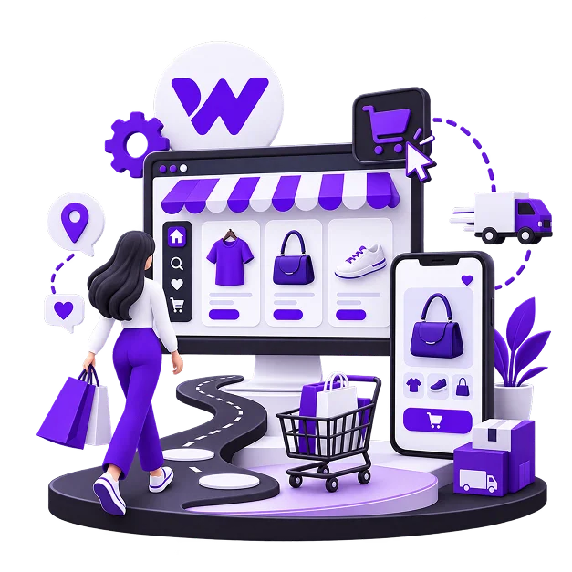 Illustration of a Wix storefront: a shopper carrying shopping bags along a path toward a desktop store grid and a phone product page, with the Wix mark above, a settings gear, a location pin, a cart cursor, a delivery van and a parcel.