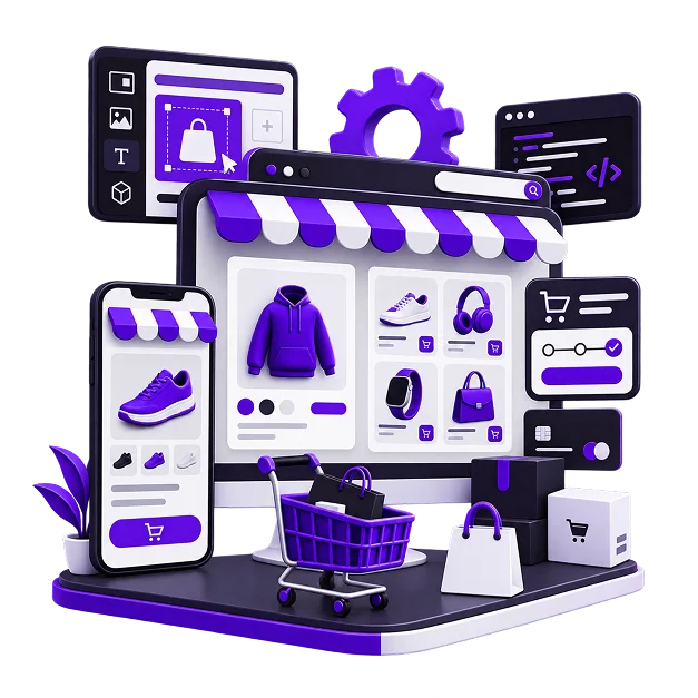 Illustration of a WooCommerce build: a desktop storefront grid of clothing and accessories under a striped awning, a phone showing a product page, a design panel, a code window, a checkout step panel, a payment card, a trolley and delivery boxes.
