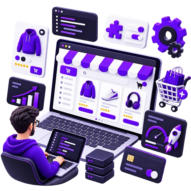 Illustration of a developer working at a laptop on a store: a product grid with review stars, a saved product card, a plugin panel, gears, a speed gauge and rocket, an analytics chart, a server stack, a payment card and a loaded trolley.