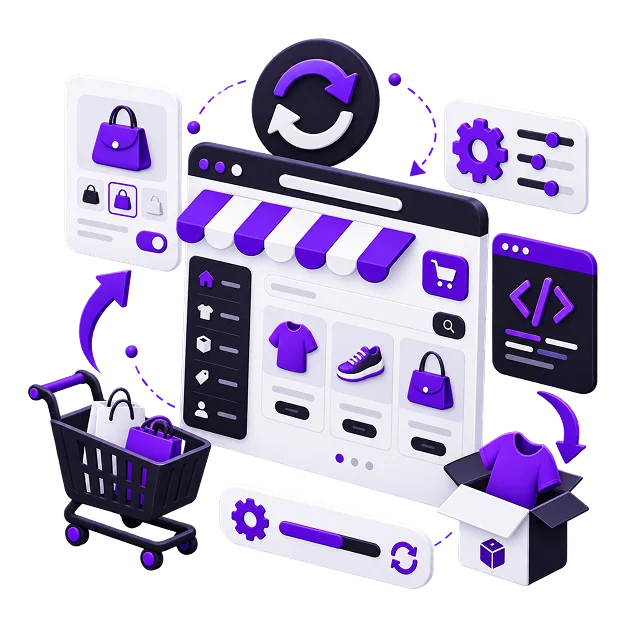 Illustration of a store being kept current: a browser storefront with a category sidebar and product grid under a striped awning, a sync icon above it, a settings panel, a code window, a product toggle card, an update progress bar, a trolley of bags and a boxed t-shirt.