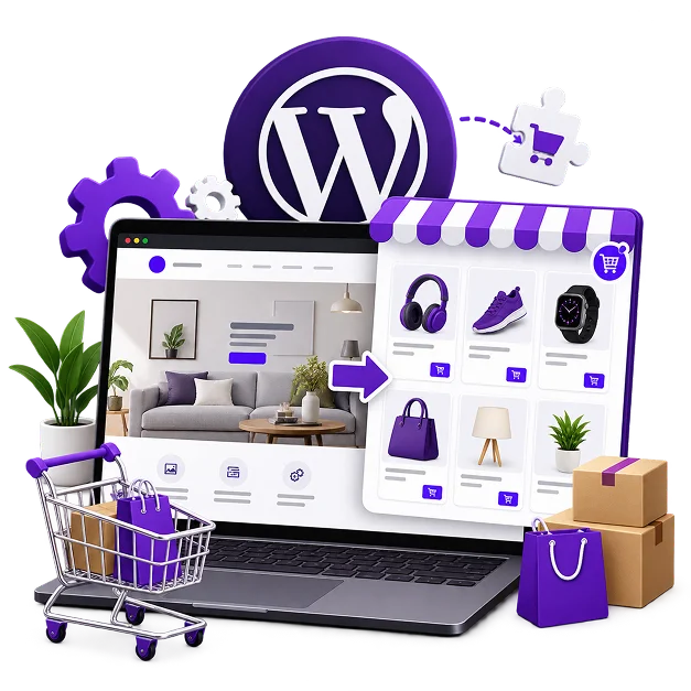 Illustration of WordPress with ecommerce added: a laptop showing a content page beside a product grid under a striped awning, the WordPress mark and a cart plugin puzzle piece above, gears, a plant, a trolley of shopping bags and delivery boxes.