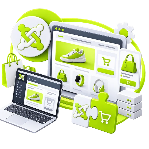 An illustrated ecommerce scene: a monitor showing a product page with the Joomla logo on a badge, a laptop showing an admin view, two puzzle pieces joining a Joomla mark to a shopping cart, and server blocks behind.