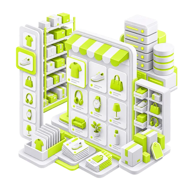 An isometric illustration of a shop assembled from shelving units: product cards under a striped awning, stock racks of boxes behind, and a server stack and database cylinder to one side.