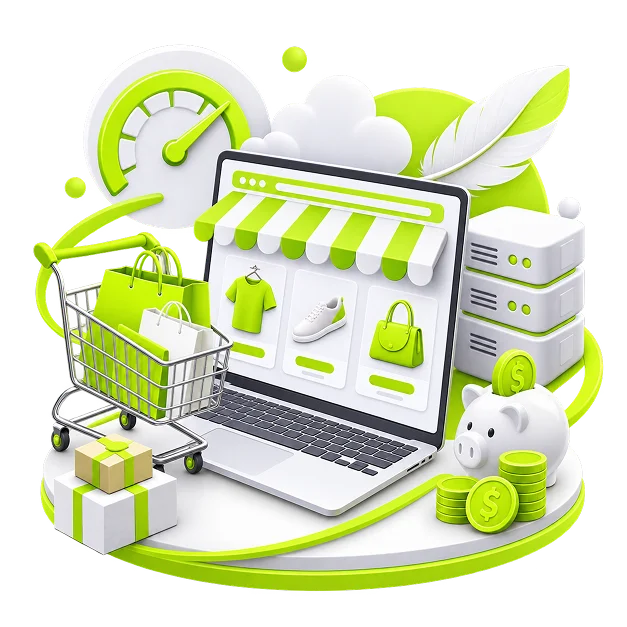 An illustrated ecommerce scene: a laptop showing a storefront under a striped awning, with a speed dial, a server stack, a trolley of shopping bags, a piggy bank and stacked coins around it.