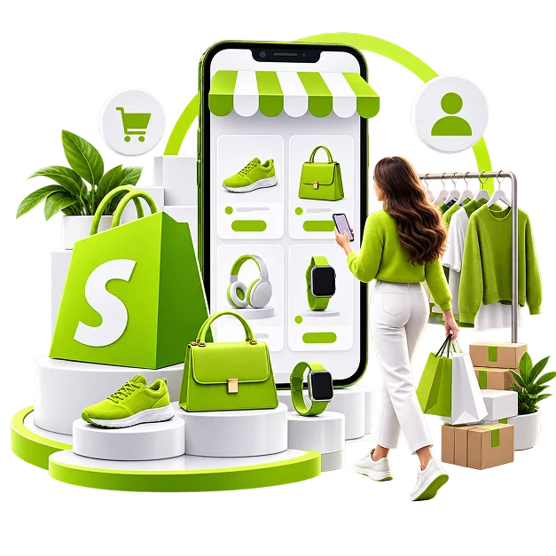 An illustrated shopping scene: a green bag carrying the Shopify S beside a phone showing a storefront grid under a striped awning, with a shopper carrying bags, a clothing rail and stacked parcels around it.