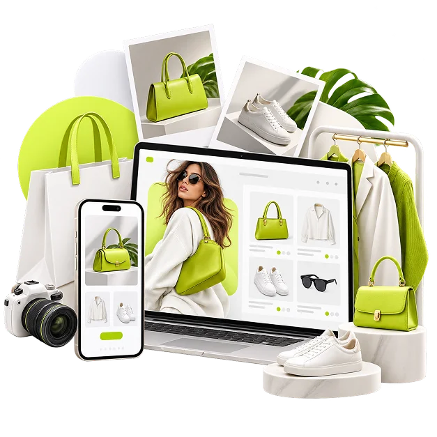 An illustrated ecommerce scene: a laptop showing a fashion lookbook storefront with a phone beside it, product photographs pinned above, and a camera, a clothing rail, a handbag and shopping bags around it.