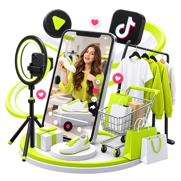 An illustrated social commerce scene: a phone showing a creator holding a trainer to camera, a ring light on a tripod beside it, the TikTok mark above, and like and comment bubbles, a clothing rail, a trolley and shopping bags around it.