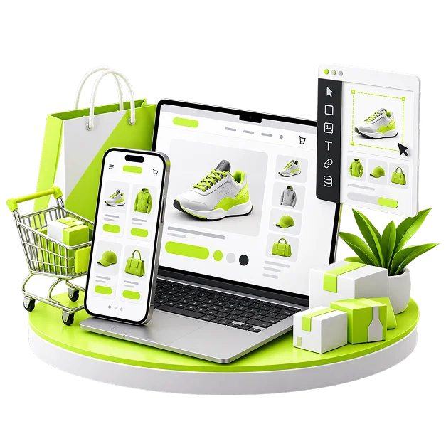 An illustrated ecommerce scene: a laptop showing a product page with a phone beside it, a floating design-tool panel with a product image selected on canvas, and a trolley, shopping bag, parcels and a plant around it.