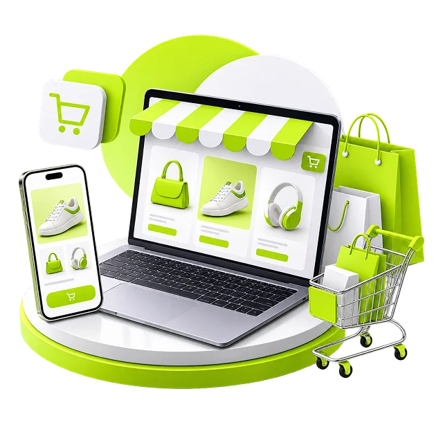 An illustrated ecommerce scene: a laptop showing a storefront under a striped awning with a phone beside it carrying the same products, and shopping bags and a trolley on a round podium.