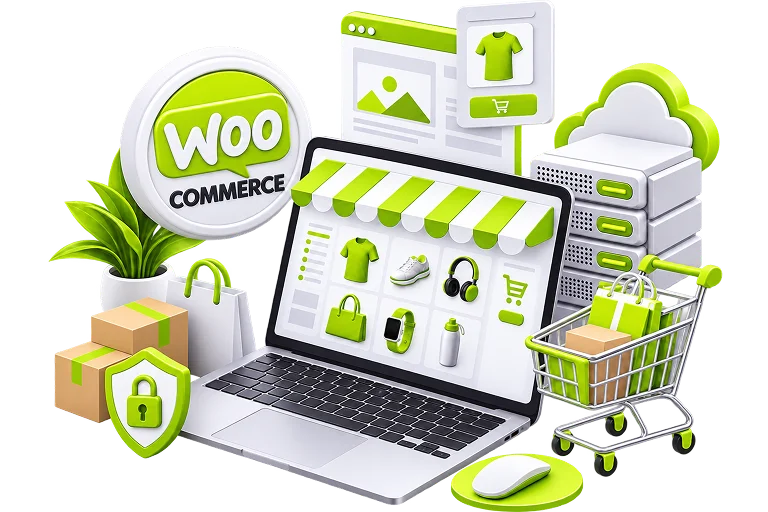 An illustrated ecommerce scene: a laptop showing a storefront grid under a striped awning, with the WooCommerce logo on a badge, a server stack in a cloud, a trolley of shopping bags, parcels and a padlock shield around it.