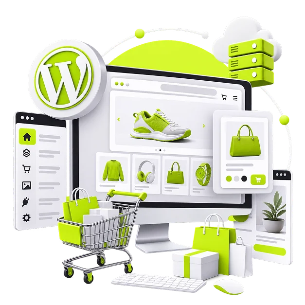 An illustrated ecommerce scene: a monitor showing a storefront with a trainer on the product panel, the WordPress logo on a badge, an admin sidebar, a server stack in a cloud, a trolley of bags and parcels.